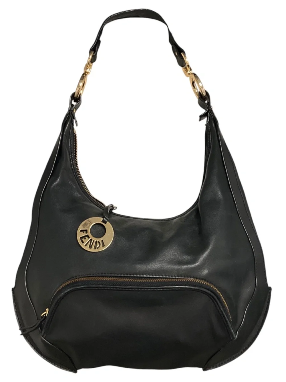 FENDI VINTAGE BLACK LEATHER HOBO BAG WITH GOLD HARDWARE